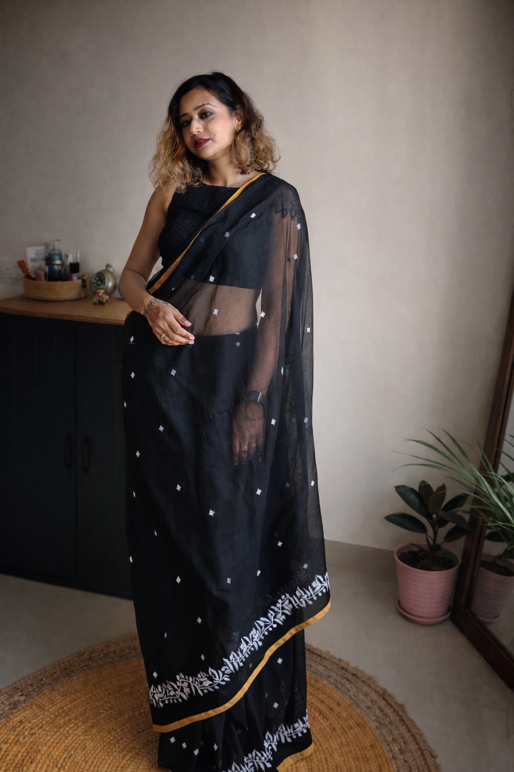 Inkline Black Cotton Saree flat lay – ethnic wear | RongSuta 