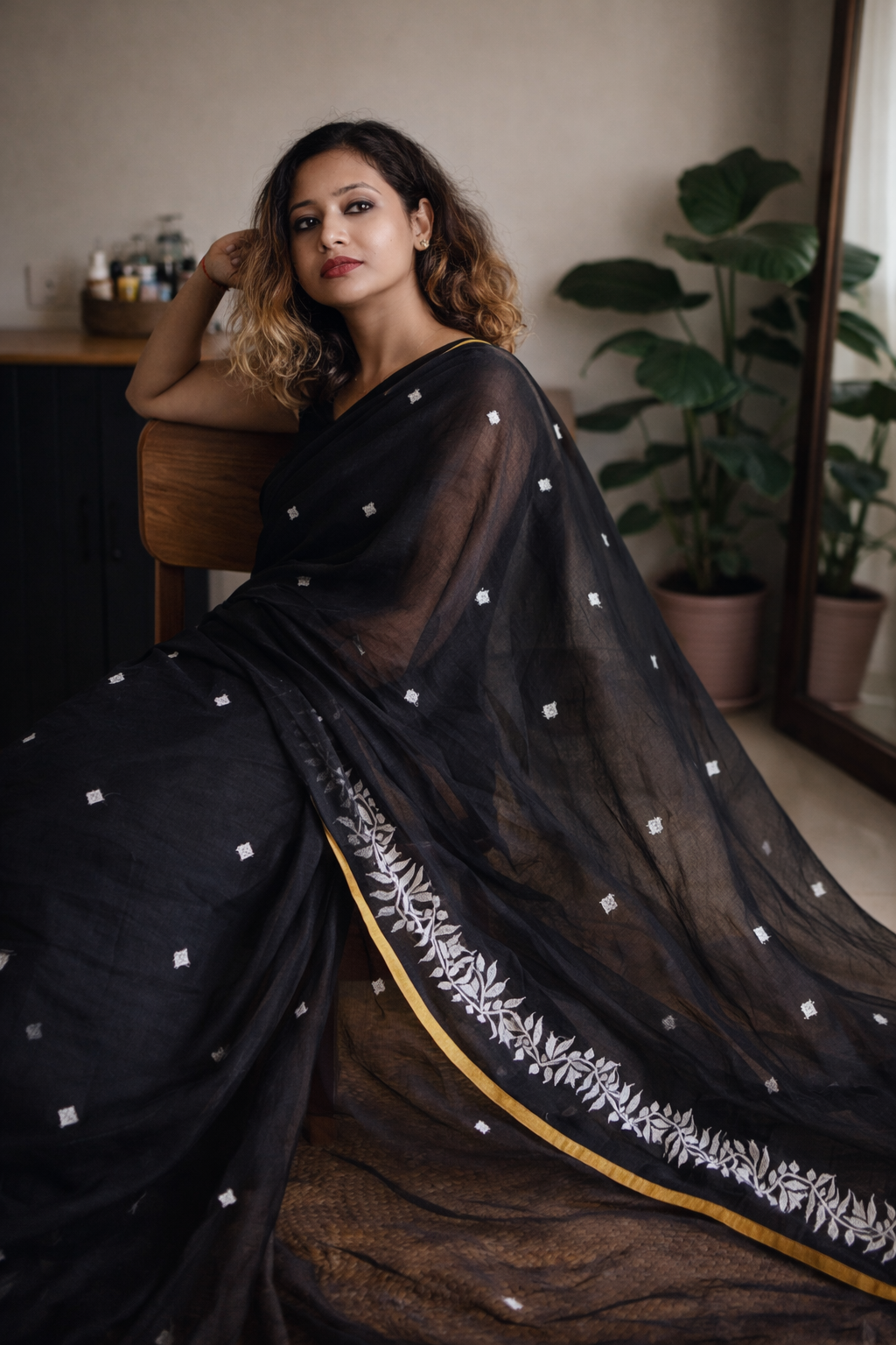 Inkline – Black Jamdani Mul Mul Cotton Saree by RongSuta