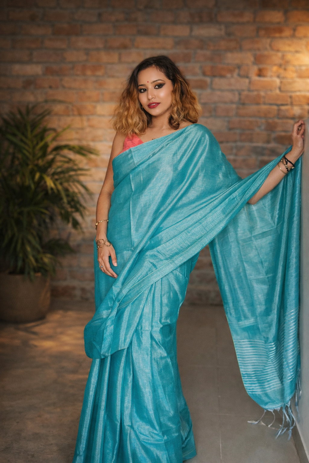 Sky Blue Tissue Silk Saree draped elegantly – Sky High by RongSuta