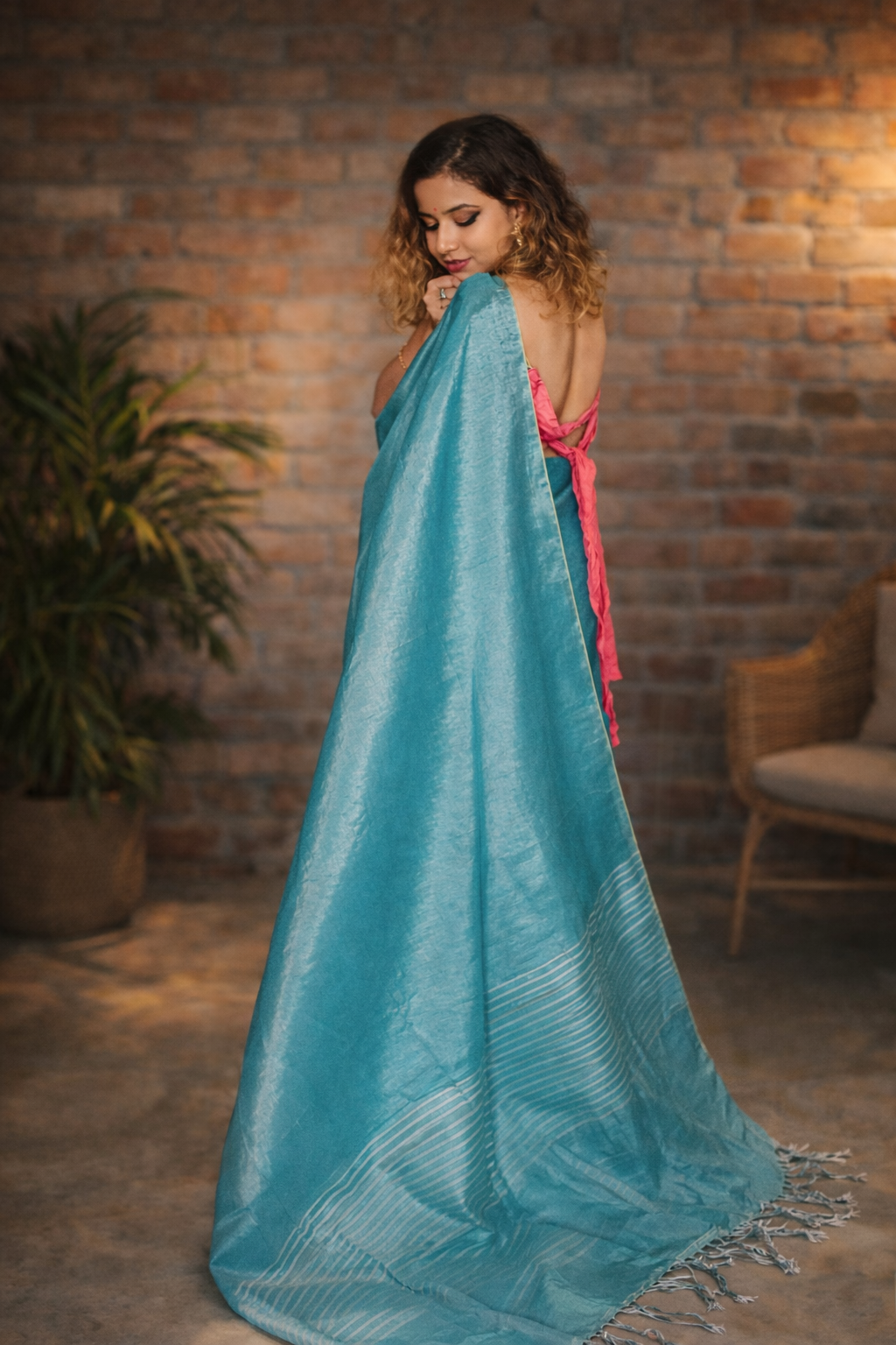 Sky Blue Handloom Tissue Silk Saree full drape – RongSuta