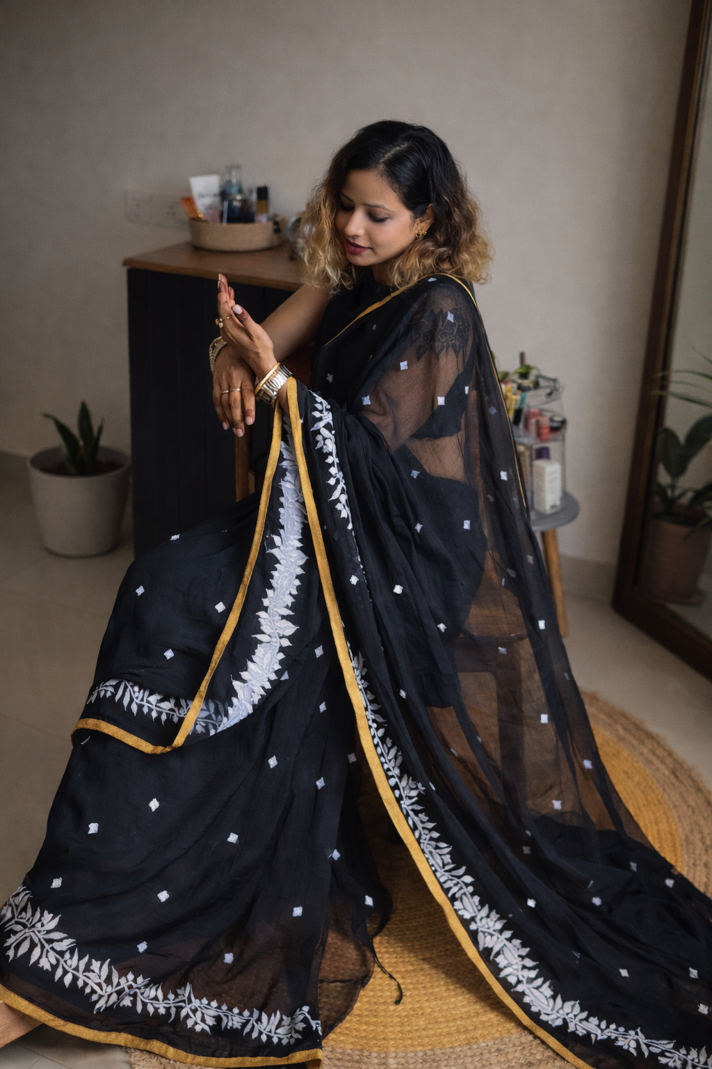 Inkline Saree border detail – Black Jamdani Mul Mul by RongSuta