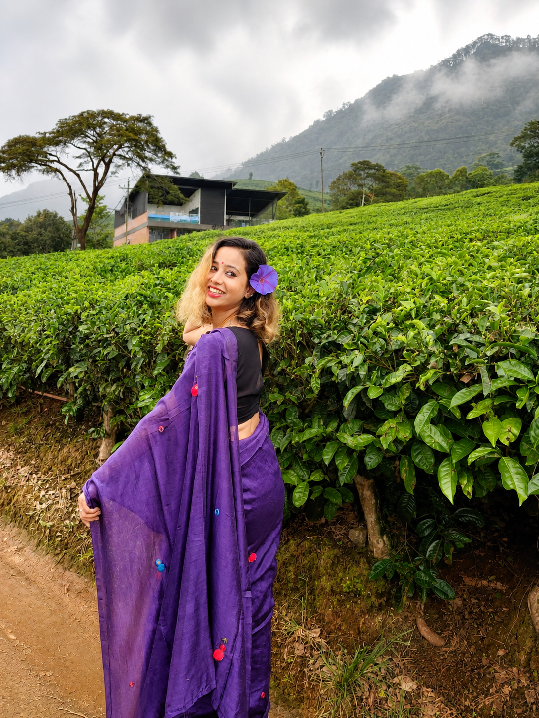 Grape Gola — Violet Purple Mirror & Pompom Mul Mul Saree