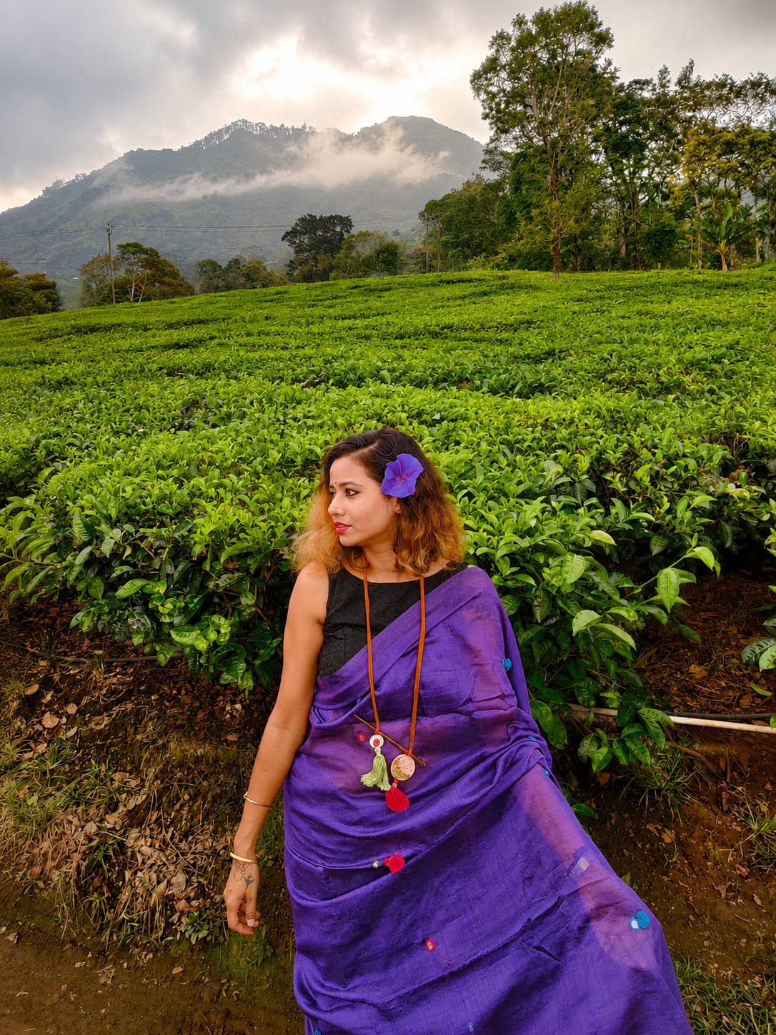 Grape Gola — Violet Purple Mirror & Pompom Mul Mul Saree