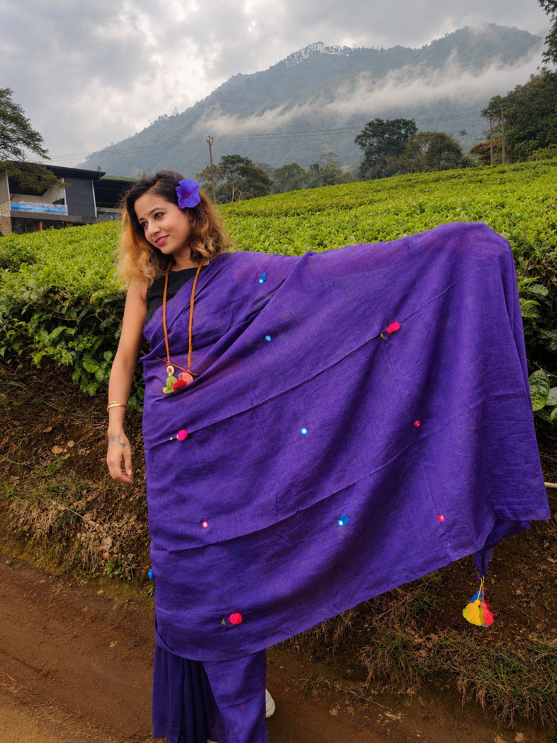 Grape Gola — Violet Purple Mirror & Pompom Mul Mul Saree