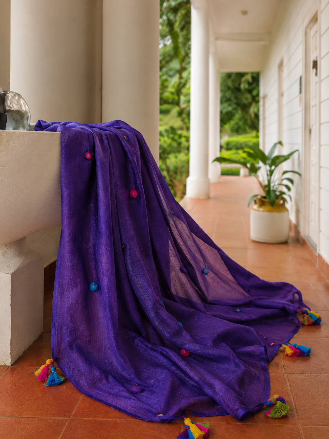 Grape Gola — Violet Purple Mirror & Pompom Mul Mul Saree