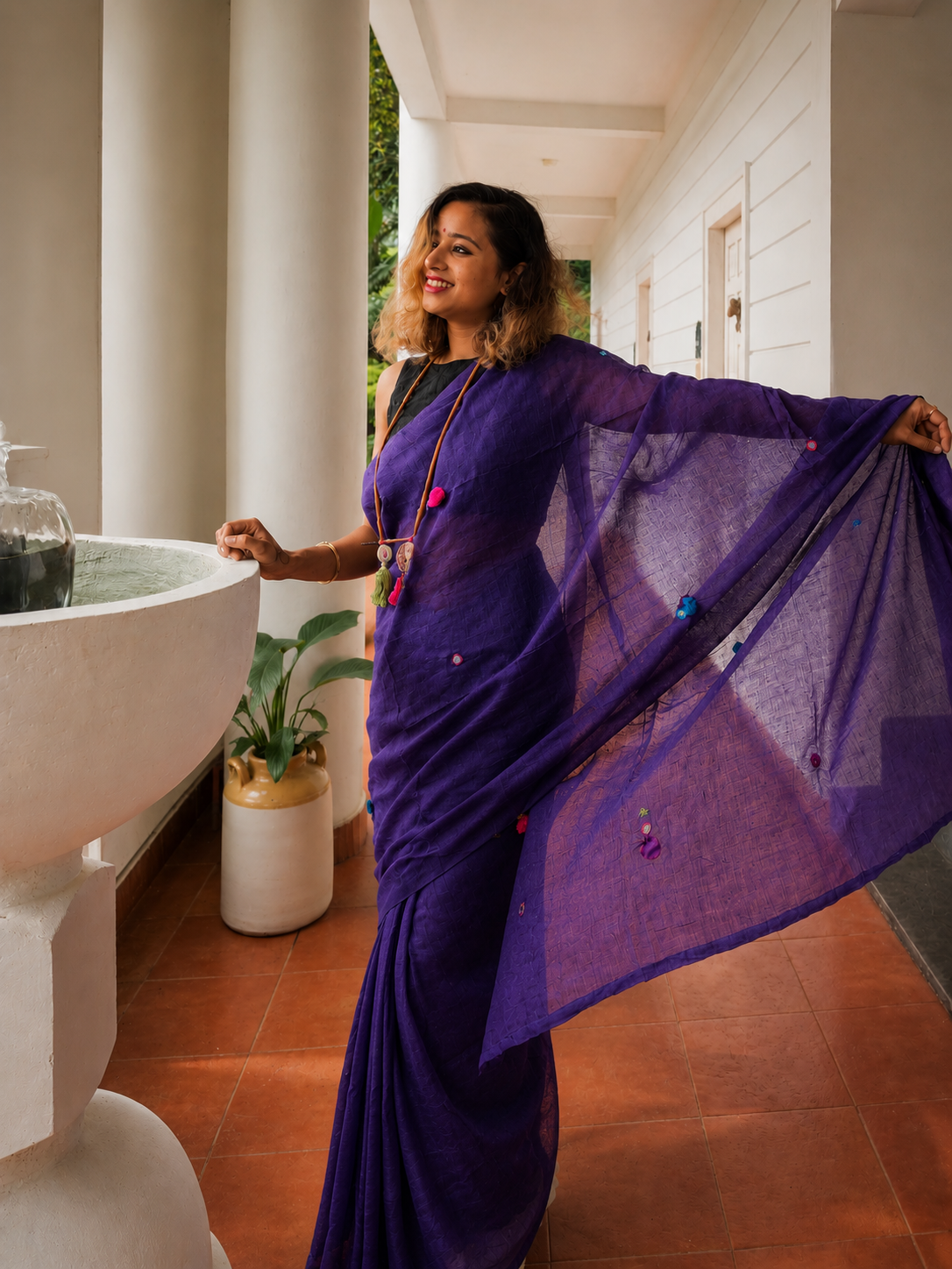 Grape Gola — Violet Purple Mirror & Pompom Mul Mul Saree