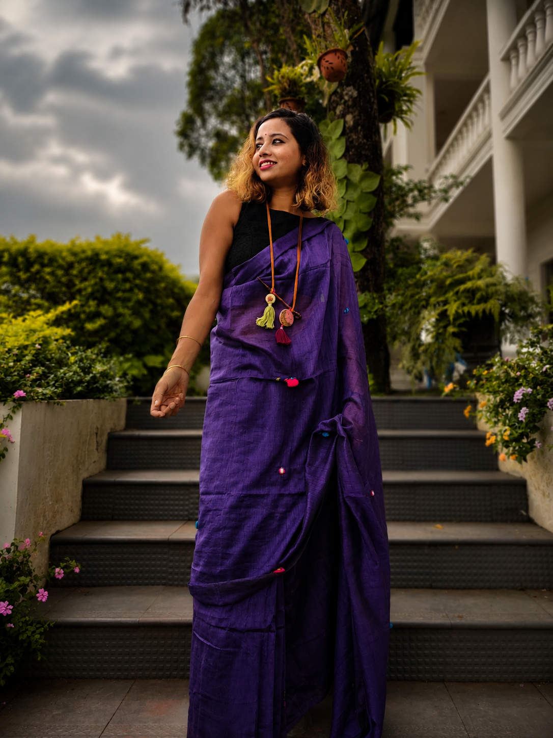 Grape Gola — Violet Purple Mirror & Pompom Mul Mul Saree