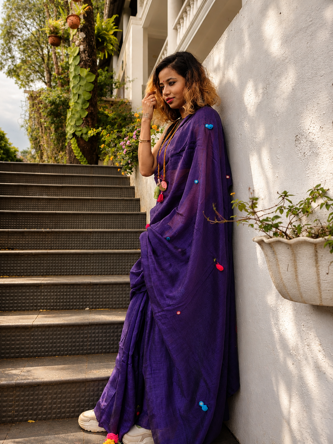 Grape Gola — Violet Purple Mirror & Pompom Mul Mul Saree