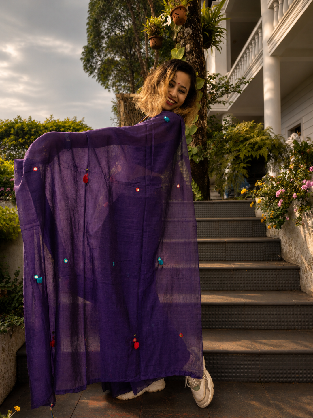 Grape Gola — Violet Purple Mirror & Pompom Mul Mul Saree