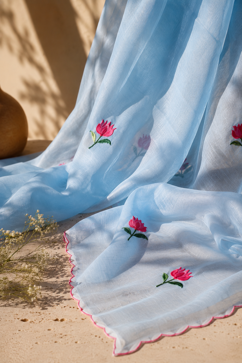 Cloud Kiss — Sky Blue Lotus Embroidery Mul Mul Saree