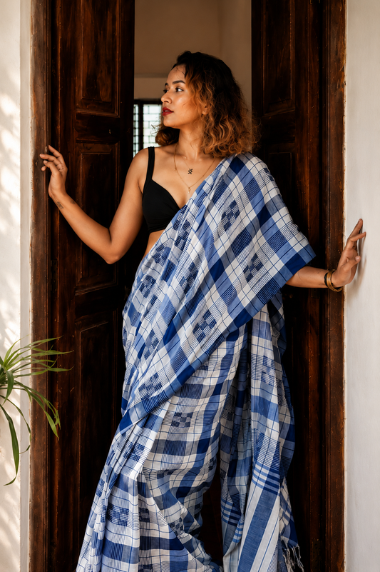 Frosted Lagoon — Indigo Blue  & White Check Handwoven Cotton Saree
