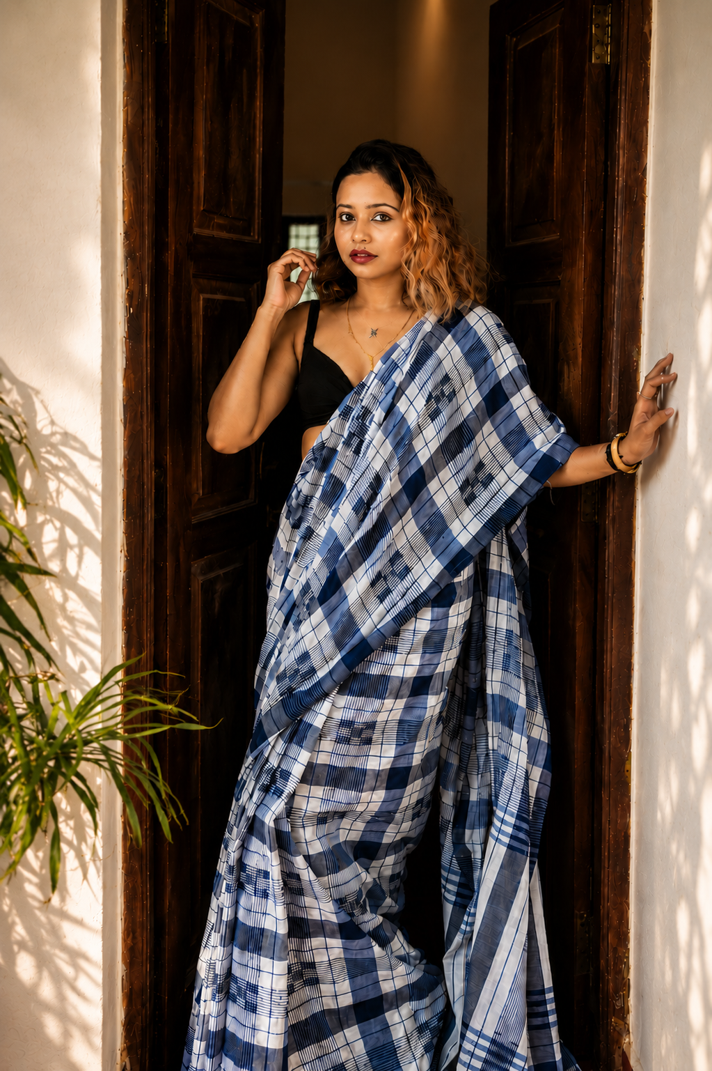 Frosted Lagoon — Indigo Blue  & White Check Handwoven Cotton Saree