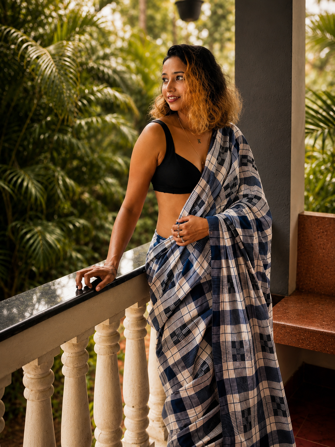 Frosted Lagoon — Indigo Blue  & White Check Handwoven Cotton Saree