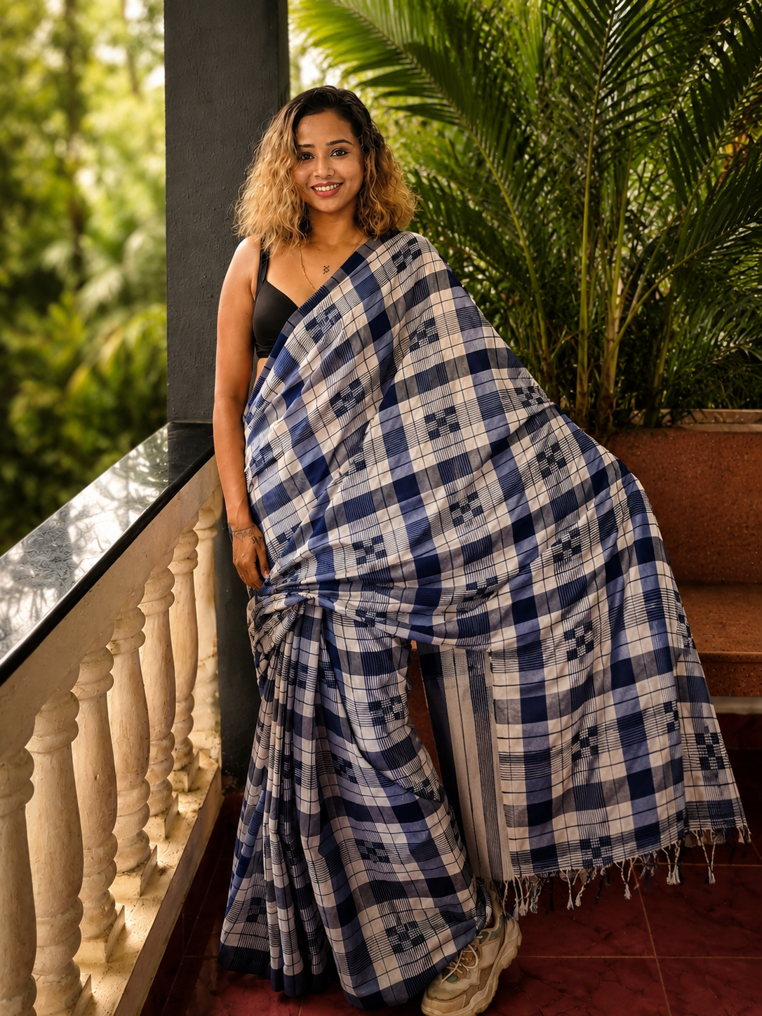 Frosted Lagoon — Indigo Blue  & White Check Handwoven Cotton Saree