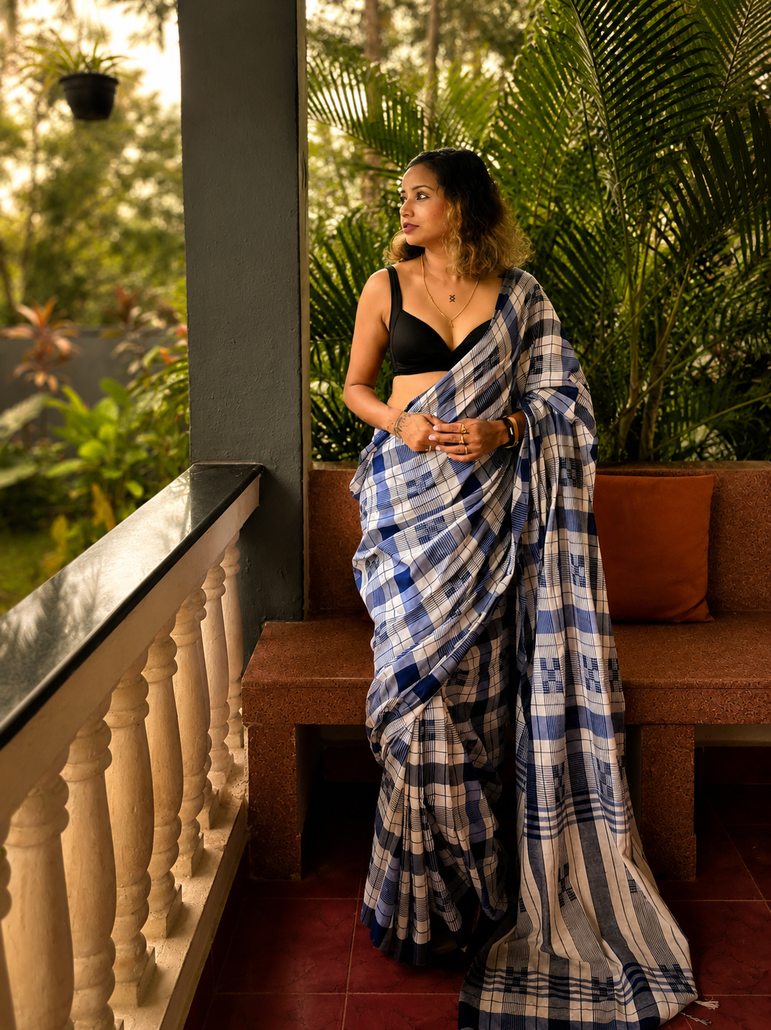 Frosted Lagoon — Indigo Blue  & White Check Handwoven Cotton Saree