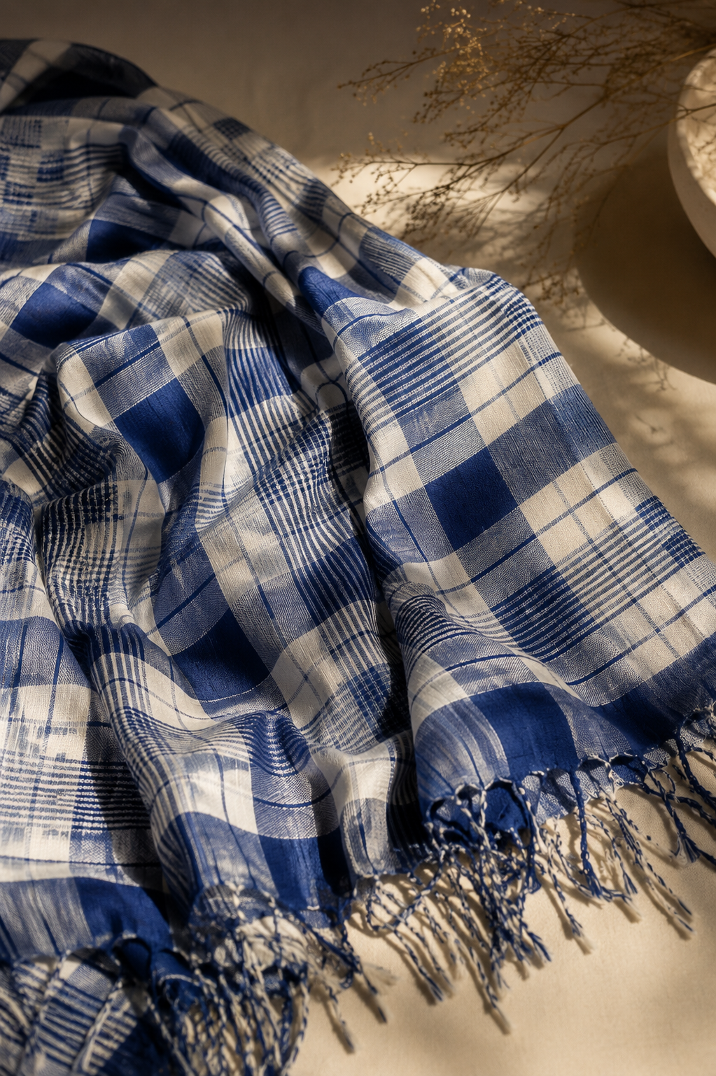 Frosted Lagoon — Indigo Blue  & White Check Handwoven Cotton Saree