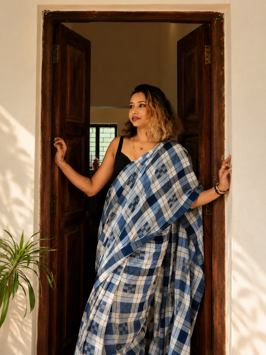 Frosted Lagoon — Indigo Blue  & White Check Handwoven Cotton Saree