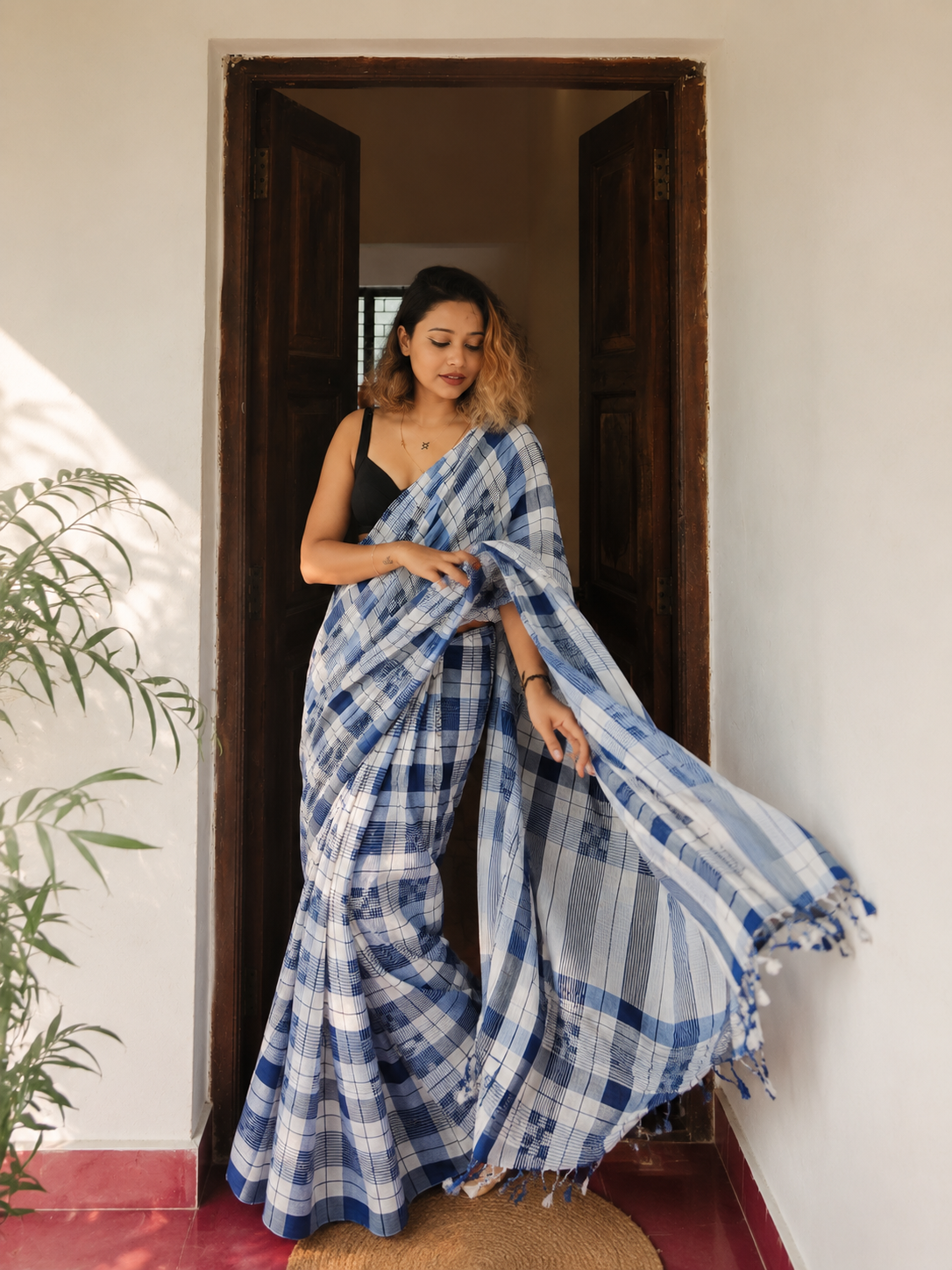 Frosted Lagoon — Indigo Blue  & White Check Handwoven Cotton Saree